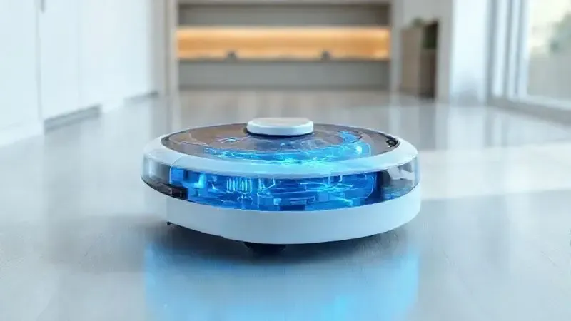 Ilustração conceitual da tecnologia interna de um robô aspirador de pó, mostrando seus sensores e sistema de navegação inteligente.