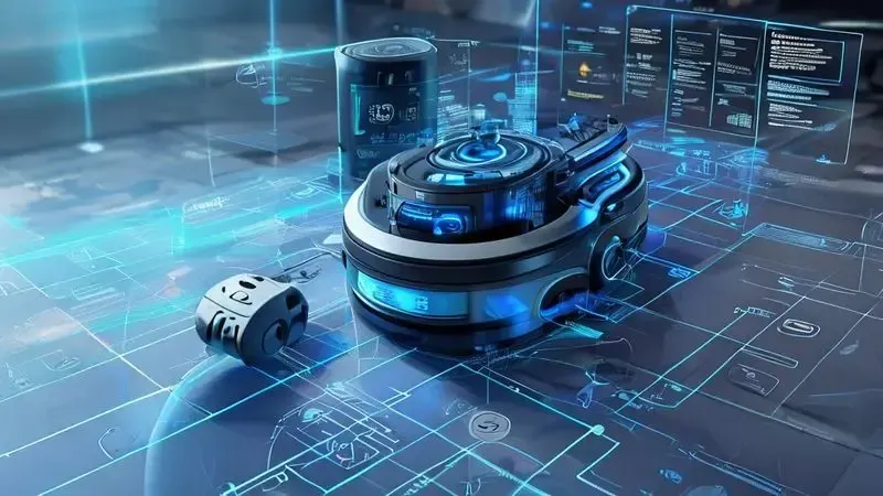 Ilustração conceitual de tecnologia interna do aspirador-robô mostrando sensores e sistema de navegação.