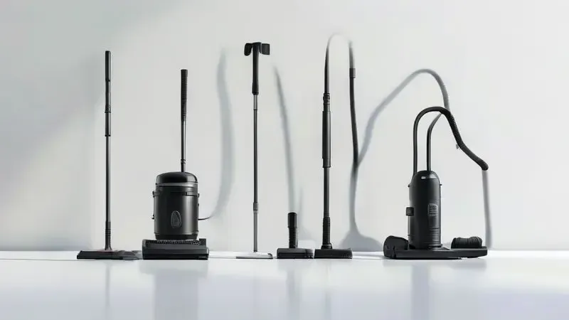 Render 3D ilustrativo comparando diferentes tipos de aspiradores de pó: bastão, vertical e com recipiente, mostrando suas aplicações.