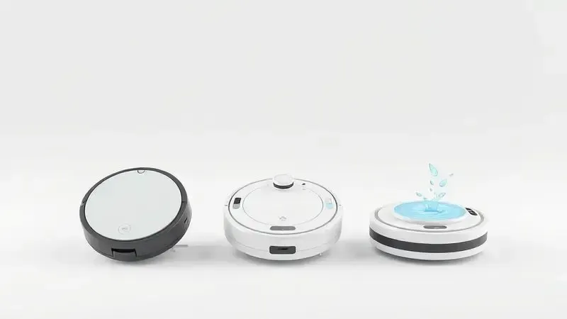 Render 3D mostrando três tipos conceituais de robôs aspiradores lado a lado para ilustrar a variedade de modelos disponíveis.