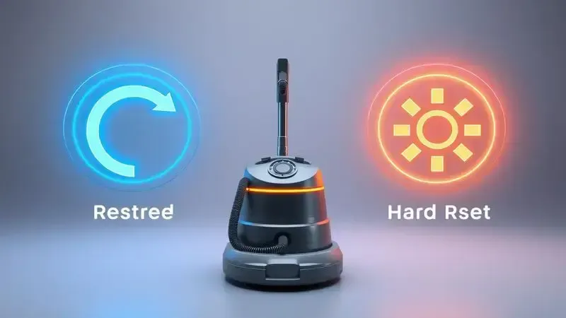 Comparação conceitual entre reset simples e reset de fábrica para robô aspirador