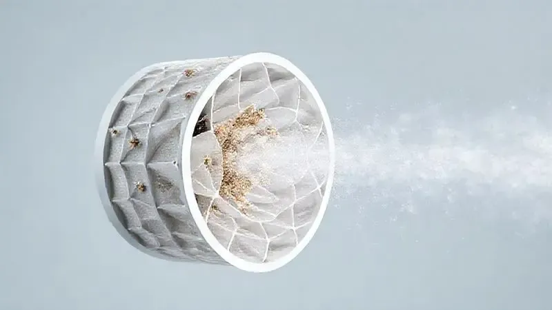 Render 3D de um filtro HEPA capturando micropartículas de poeira e alérgenos do ar, demonstrando a vantagem de purificação em aspiradores de pó robô.