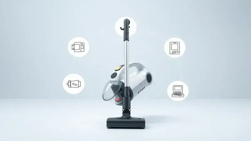 Representação conceitual das vantagens do mini aspirador portátil como portabilidade e carregamento USB