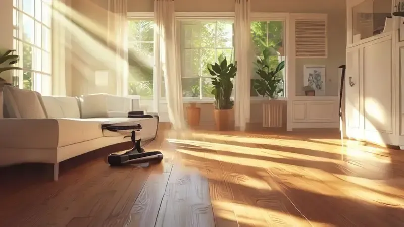 Ilustração realista de uma sala de estar impecavelmente limpa, destacando os benefícios da higiene proporcionada por um aspirador de pó.