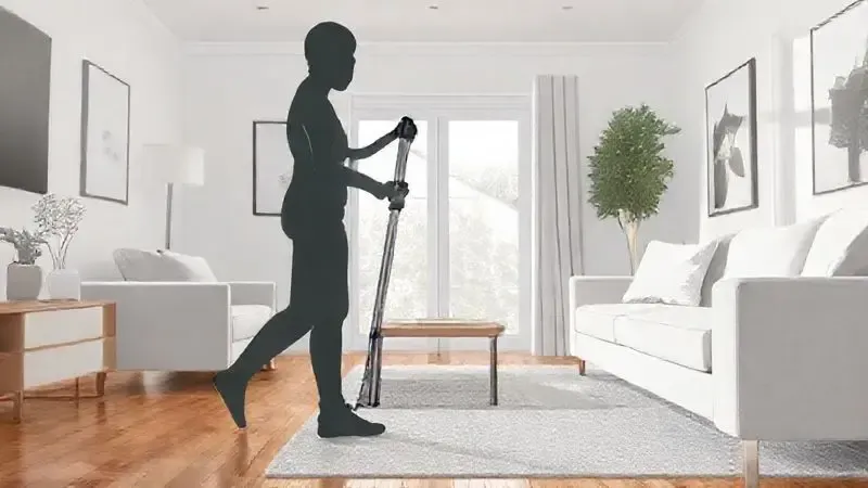 Ilustração digital mostrando a facilidade e ergonomia de usar um aspirador de pó vertical em uma casa com piso de madeira, destacando suas vantagens.