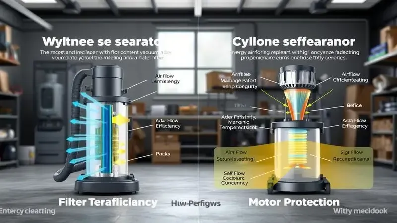 Comparação visual das vantagens do ciclone para aspirador mostrando proteção do motor e filtro