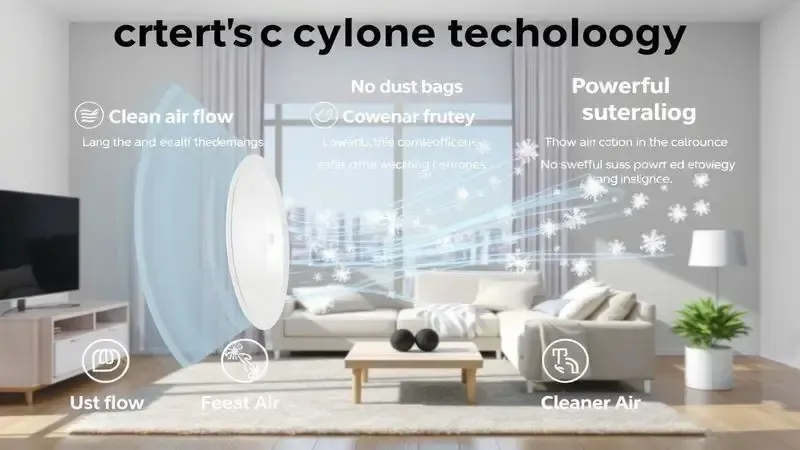 Ilustração conceitual das vantagens da tecnologia cyclone: ar limpo, economia sem sacos e sucção poderosa.