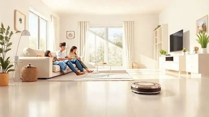 Ilustração de uma família relaxando em uma sala limpa, mostrando as vantagens e a conveniência de ter um robô aspirador em casa.