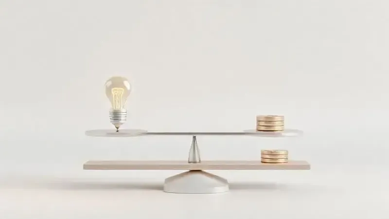 Render 3D de uma balança equilibrando o custo e o benefício de um produto, ajudando a ilustrar o veredito final sobre a compra.