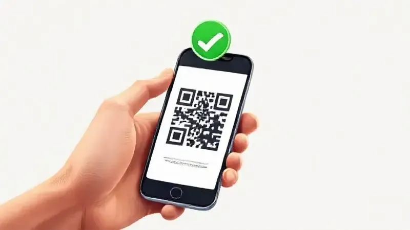 Ilustração de uma pessoa verificando a autenticidade de um produto escaneando um QR code na caixa com um smartphone.
