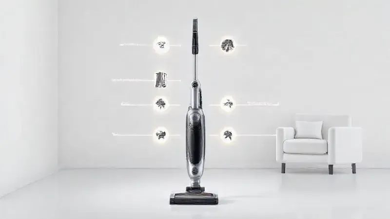 Ilustração 3D mostrando a versatilidade de um aspirador de pó vertical com seus diversos acessórios para diferentes tipos de limpeza no dia a dia.